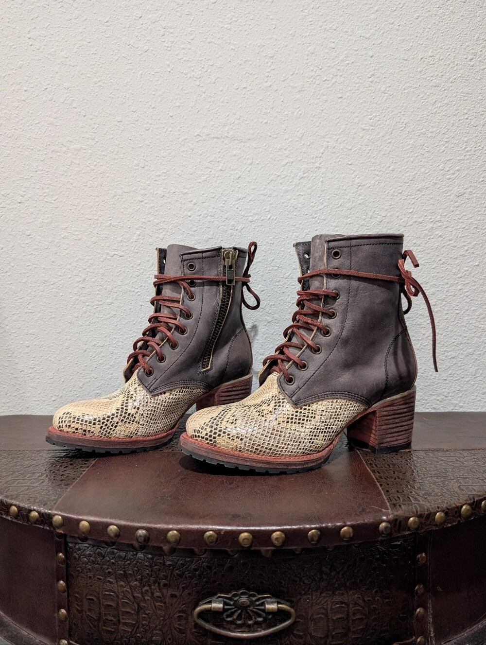 Freebird Cavalier Leather Snake Print Lace-Up Booties Sz 9